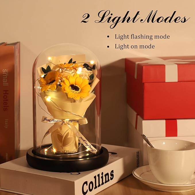 Valentines Day Gifts for Her,Flower Rose in Glass Dome with 2 Lighting Mode,Sunflower Gifts for Mom,Artificial Forever Flowers Xmas Birthday Gifts for Women Mom Wife Girlfriend Sister Friend