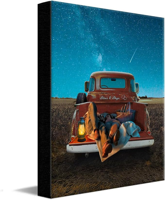 Personal-Prints STARGAZERS | Custom Romantic Wall Art Gift | Personalized With Your Names on the Classic 1954 Chevy | Anniversary, Wedding, Valentine's Day Gift (16"x20" Stretched Canvas)