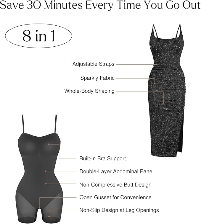 Popilush Shapewear Midi Dress Women's Sparkly Formal Wedding Guest Cocktail Dresses Fall Square Neck Ruched Dress Side Slit