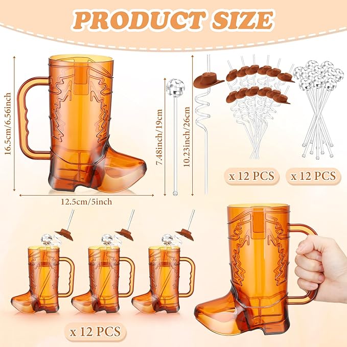 36 Pcs Cowboy Party Supplies, 12 Brown Cowboy Drink Mugs 12 Cowgirl Hat Straws 12 Mirror Disco Ball Stirrers for Western Theme Birthday Party Favors Decoration
