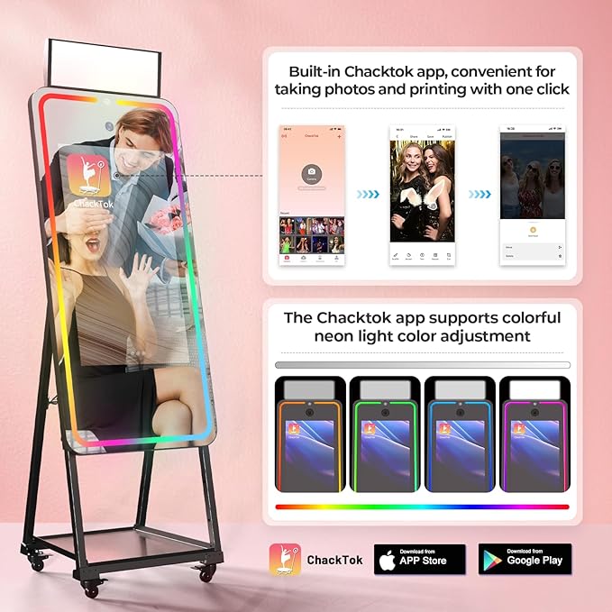 MWE Magic Mirror Photo Booth Machine Touch Screen with Printer,12MP 4K HD Camera,RGB Surround Light Music Sync,Professional Photography Light,Dual System,Software APP Remote Control (47in)