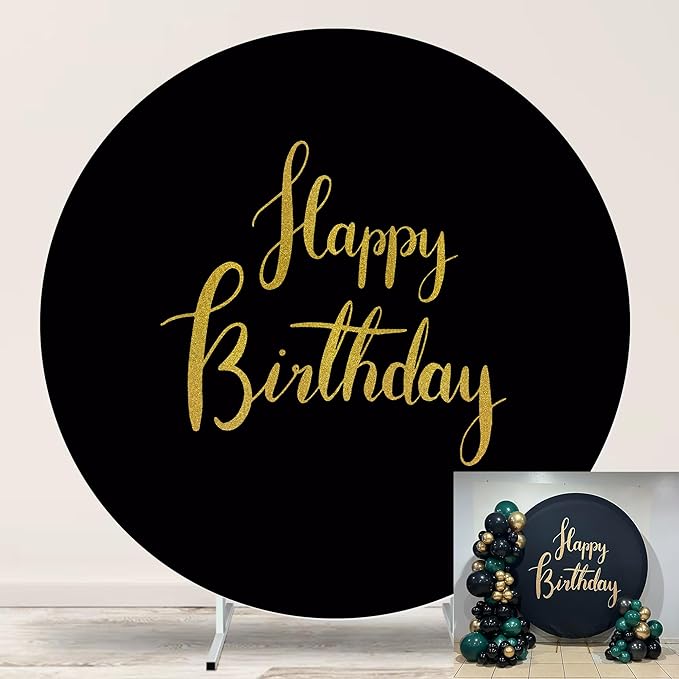 Gold Happy Birthday Sign Round Backdrop Cover 7.5ft,Black Round Backdrop Cover 7.5FT Happy Birthday Party Decoration Supplies for Photography Background Studio Props Adult Kids Baby