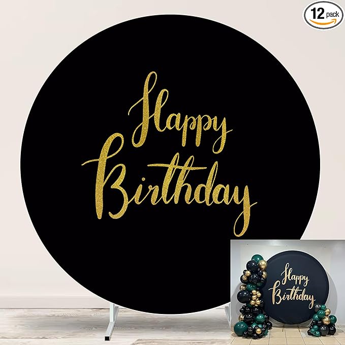 6.5ftx6.5ft Gold Happy Birthday Sign Round Backdrop Cover,Black Round Backdrop Cover Happy Birthday Party Decoration Black Circle Background Stand Cover with 4Clips Baby Shower
