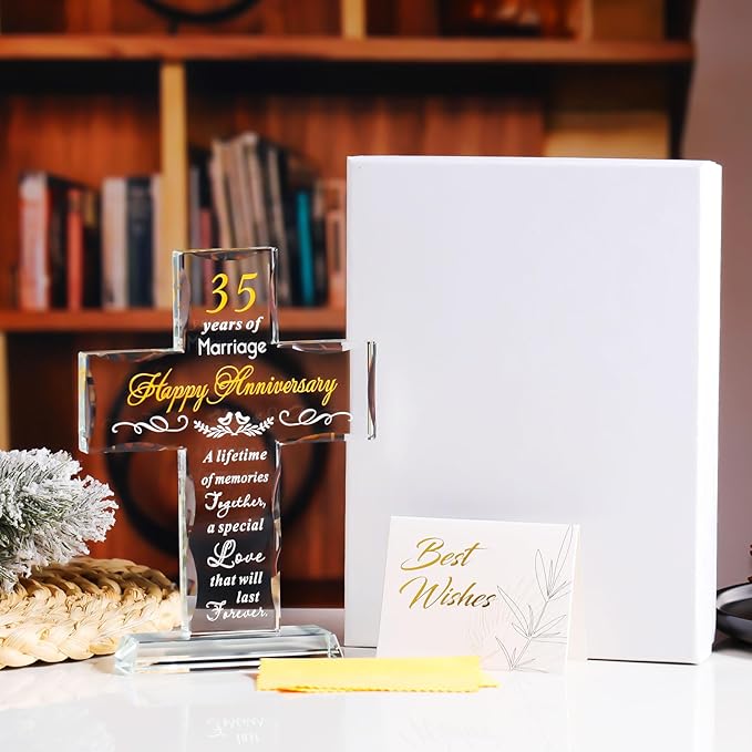 YWHL 35th Wedding Anniversary Cross Gifts for Her Him, Unique Glass Cross Gifts with Romantic Quote, 35 Years of Marriage Gifts for Couple, Standing Cross Gifts for 35th Anniversary Decoration