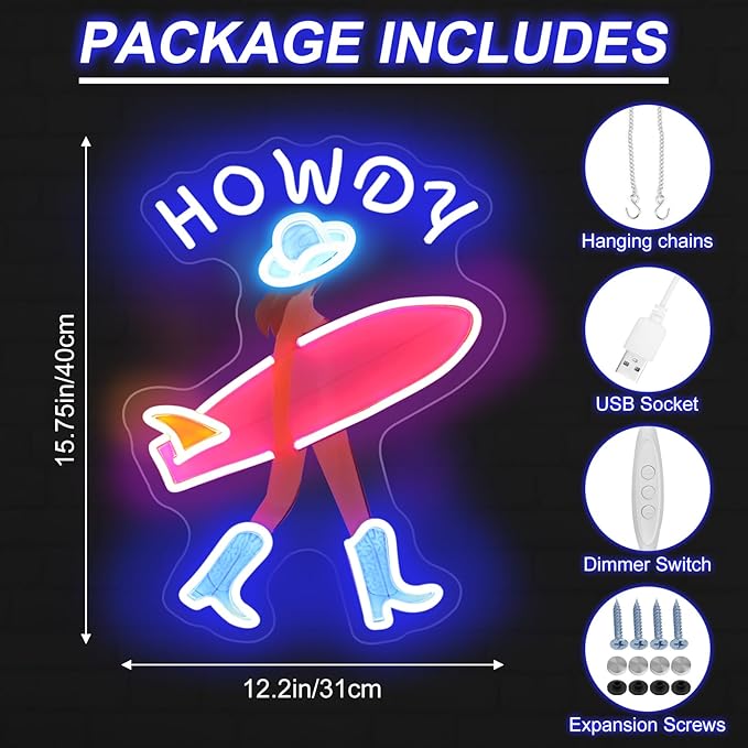 Howdy and Aloha Cowgirl Surf Girl Neon Sign, Howdy Cowgirl wall decor LED Light, Girly Wall Art Neon Sign, Coastal Cowgirl Brown Haired, 11.9"x16.5"