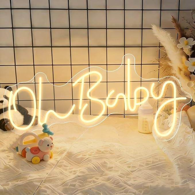 HMT Oh Baby Neon Sign for Backdrop Wall Decor Large Size 19.6×8.6 Inch LED Neon Lights for Baby Shower Decorations Boy and Girl Room Decor LED Light Up Sign for Party Decorations Photo Prop USB (Warm White)
