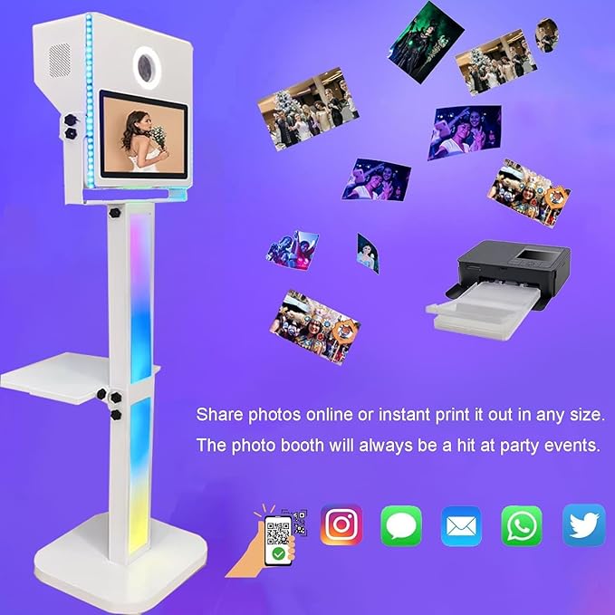 Mirror Photo Booth with DSLR Camera, 15.6 inch Touch Screen Portable Photobooth Machine RGB Lights Stand for Events Wedding Birthday Party (White Color + Camera)