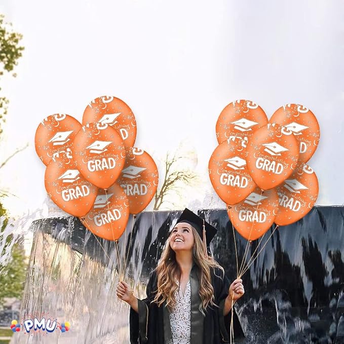 PMU 100 Pcs Orange Graduation Balloons Class of 2025 with All-Over Print White Grad Caps-Confetti and Streamers | Graduation Party Supplies | Congratulations Grad Latex Balloons Latex