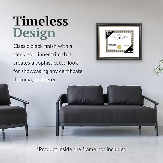 Creative Picture Frames 13.5" x 15.5" Rockefeller Black w/Gold Rim Diploma Frame, Displays 13.5" x 15.5" Certificate or 16" x 20" Document w/o Mat, College Degree Frame, Full-Strength Glass, White Mat