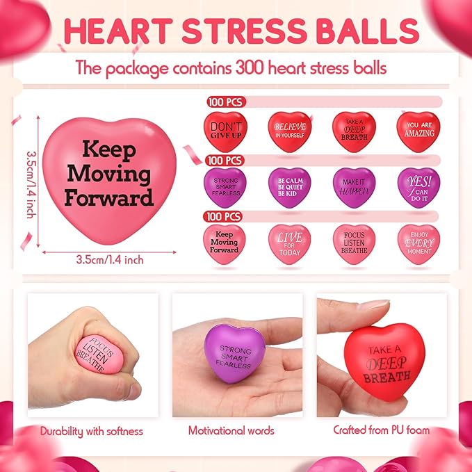 300 Pieces Valentine Day Heart Stress Balls 1.5 Inch Mini Stress Relief Balls Small Heart Shape Ball Kids Adults Wedding School Carnival Gift(Inspirational)