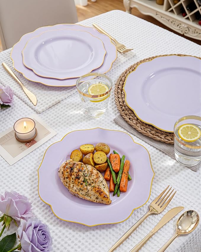 bUCLA 180PCS Purple Plastic Plates - Disposable Purple with Gold Rim, Include 30 Each (Dinner & Salad) Plates, 30 Knives, 30 Forks, 30 Spoons, 30Cups for Party & Birthday