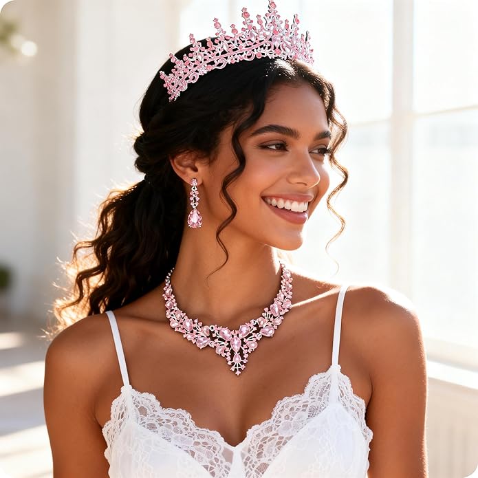 Kamirola Tiaras and Crowns for Women,Tiaras Earrings Necklace, Crystal Bridal Jewelry Set（TR83