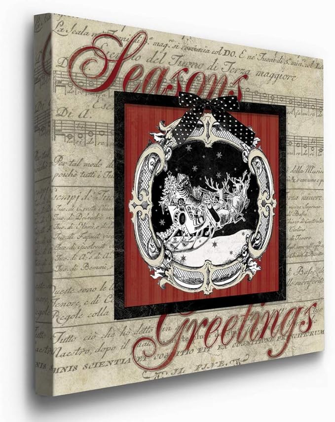 Renditions Gallery Season's Greetings Wall Art, Cute Winter Decor, Santa & his Reindeer, Antique Sheet Music Paper, Premium Gallery Wrapped Canvas, Ready to Hang, 24 in H x 24 in W, Made in America