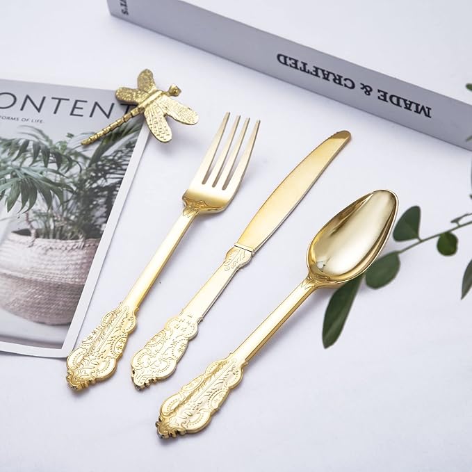 bUCLA 600 Pieces Gold Plastic Silverware - Plastic Gold Utensils - Heavyweight Disposable Cutlery - 200 Forks, 200 Spoons, 200 Knives for Party & Wedding