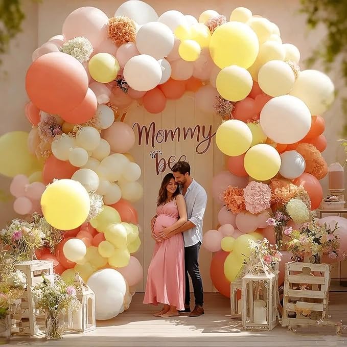 Pink Yellow Peach Balloons with Hydrangea Artificial Flowers, Double Stuffed Pastel Pink Coral White Ivory Balloon Arch for Baby Shower Birthday Wedding Bridal Shower Wildflower Party Decorations