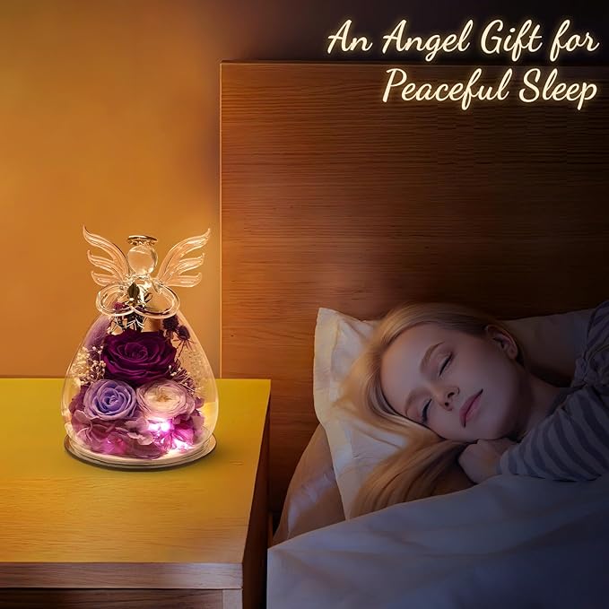 Gifts for Women, Valentines Day Decorations Flowers for Delivery Fresh Bouquet Forever Preserved Flowers Real Rose Angel Figurine Glass, Xmas Decor Gifts for Mom Grandma Wife Sister, Purple