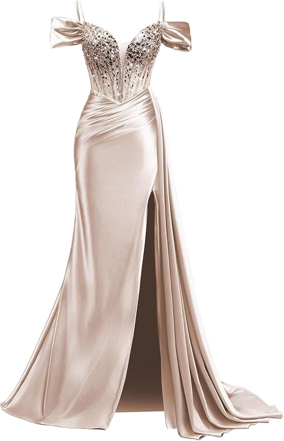 Rjer Off The Shoulder Satin Prom Dresses Long with Slit Tail 2026 Sequin Beaded Pleated Evening Ball Gown for Women Formal