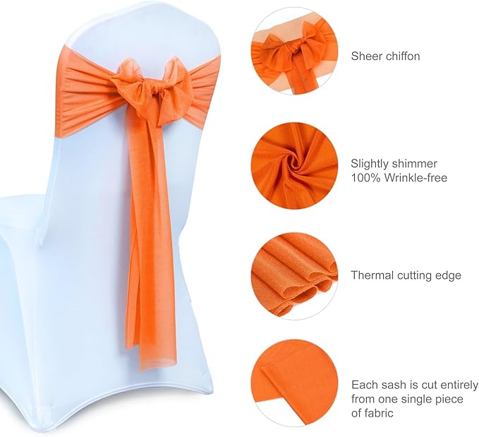 VDS Pack of 150, Orange, Sheer Chiffon Chair Sashes Bows Chair Cover Back Tie Ribbon for Wedding Birthday Baby Shower Engagement Ceremony Event Party Banquet Restaurant Dining Chair Decoration