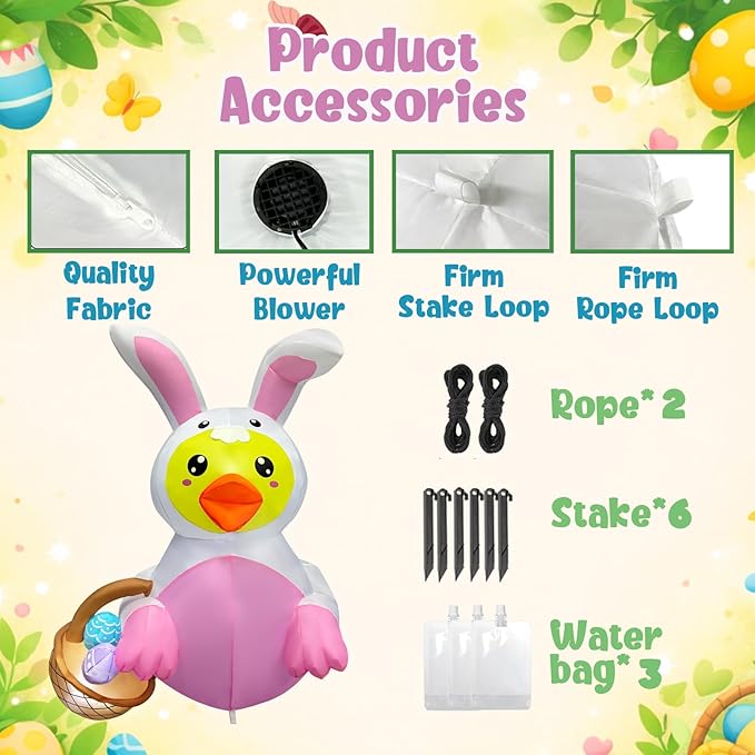 5FT Easter Inflatable Duck with Bunny Ears and Egg Basket, Built-in LED Lighted Blow Up Decoration for Home, Yard, Outdoor, Indoor, Garden, Lawn Easter Inflatables Outdoor Decorations