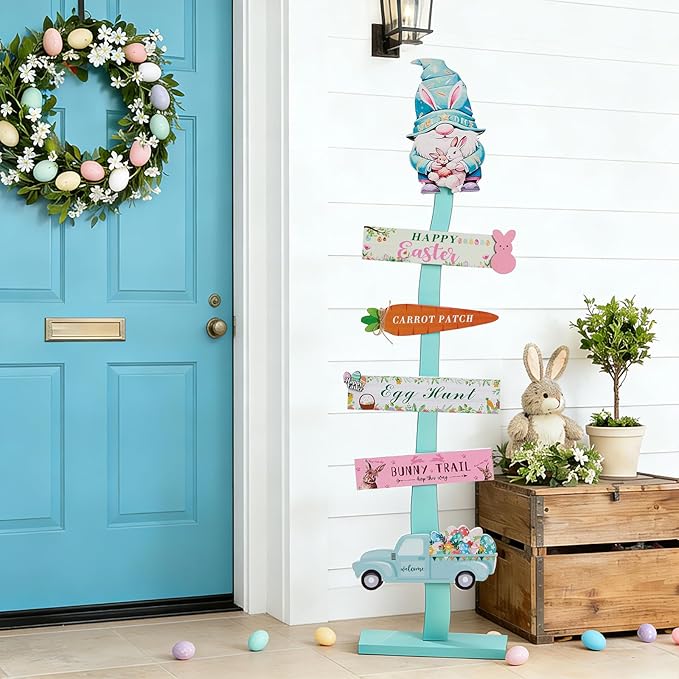 45.6" Happy Easter Welcome Wooden Porch Sign| Spring Easter Carrot Rabbit Standing Decorative Signs For Front Door Outdoor Indoor Yard Decor