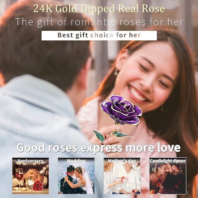 Anniversary Rose Gift for Wife, Forever 24k Gold Real Rose and Best for her Rose, Purple with Stand