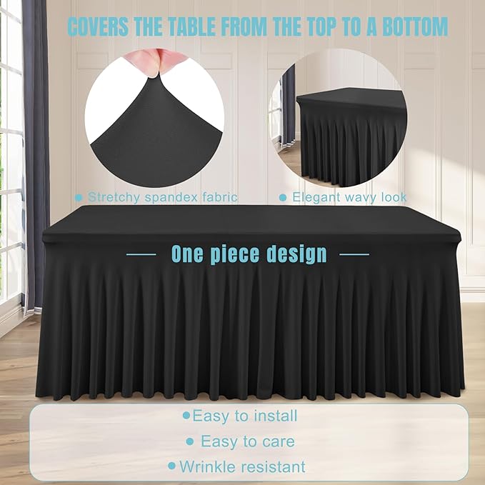 2 Packs Black Table Clothes for 8 Foot Rectangle Tables, Wrinkle Resistant Stretch Spandex Table Covers Fitted Tablecloth with Skirt for Event Banquet Wedding Birthday Party