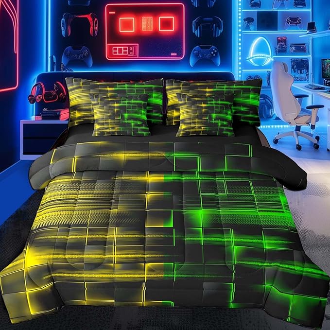 Feelyou Green and Yellow Comforter Set with Sheets 7 Piece Full Size Kids Geometric Bed in a Bag Strip Lines Bedding Set Abstract Art Bed Set with Comforter, Sheets,Cushion Covers