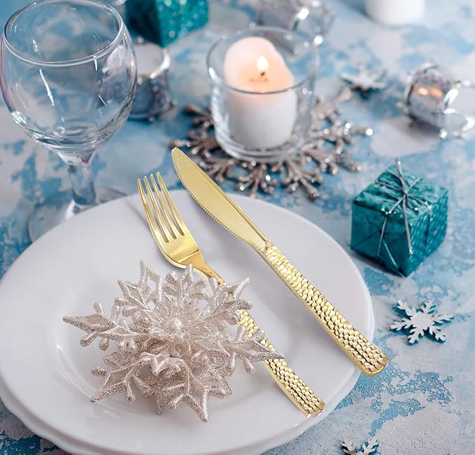 Supernal 360pcs Plastic Gold Silverware,Cutlery,Disposable Utensils,120 Plastic Knives,120 Gold Forks,120 Disposable Spoons,Perfect for Birthday,Party,Wedding