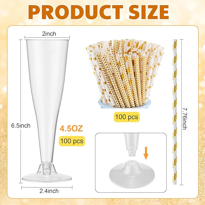 Remerry 200 Pcs Plastic Champagne Flutes 4.5 oz Clear Disposable Champagne Toasting Glass with Paper Straws, Mimosa Cocktail Cup for Valentine, Wedding, New Year, Birthday Party Supplies(Gold)