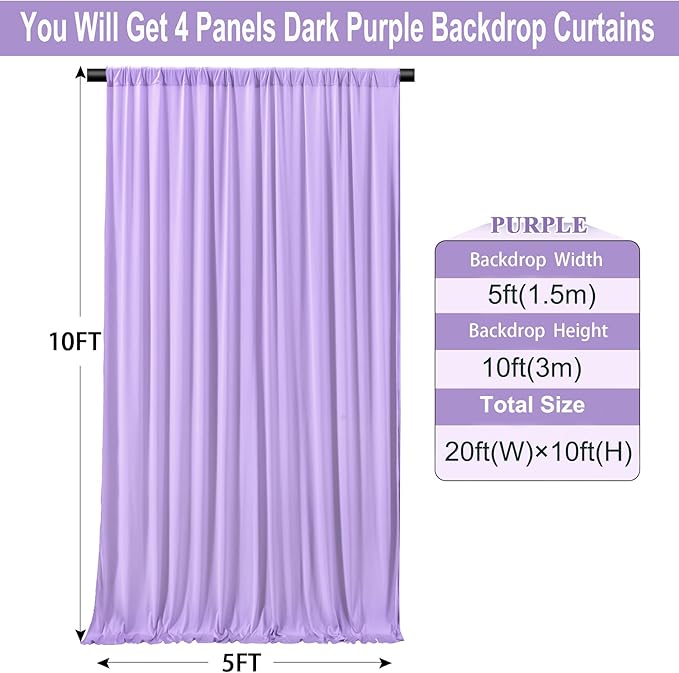 20ft×10ft Wrinkle Free Lavender Backdrop Curtain for Party, 4 Panels 5×10ft Soft Silky Polyester Light Purple Lilac Photo Backdrop Drapes for Birthday Baby Shower Mother‘s Day Wedding Photography