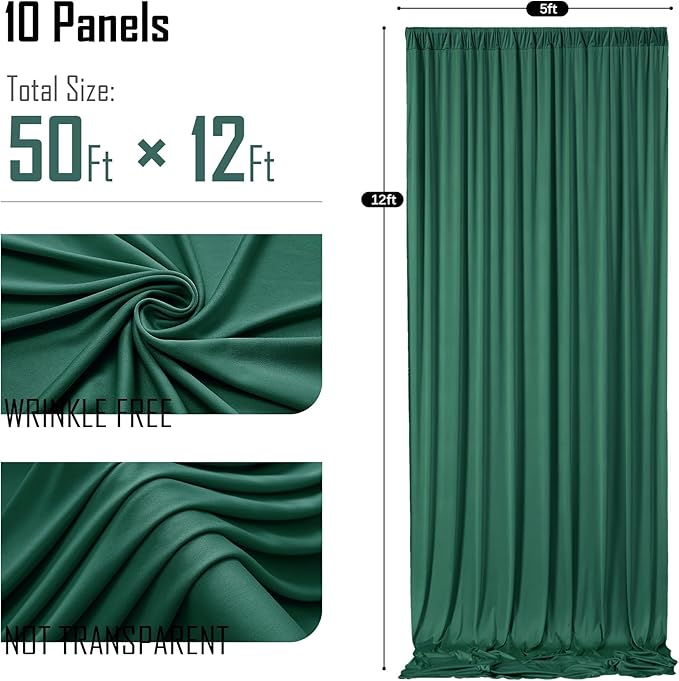gogoparti 50x12ft Hunter Green Backdrop Curtain for Wedding Parties, 10 Panels (5x12 ft Each) Wrinkle-Free Dackdrop Curtains, Silky Draping Fabric for Birthday Party, Baby Shower, Photo Background