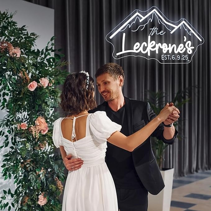 Custom Mountain Theme Wedding Neon Sign Personalized Family Name Established LED Neon Light Wedding Engagement Grass Wall Backdrop Decor Home Wall Décor