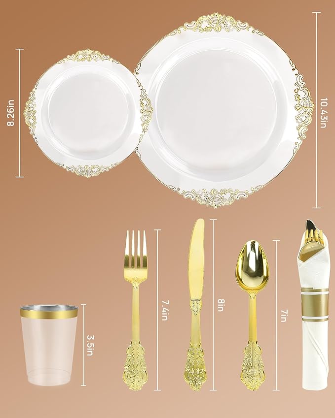 Feagar 175PCS Disposable Plates Set for 25 - Elegant Gold Dinnerware for Party, Wedding, Holiday & Birthday, Includes Dinner & Dessert Plates, Cutlery, Cups, Napkins, Tablecloth & Balloon Decor
