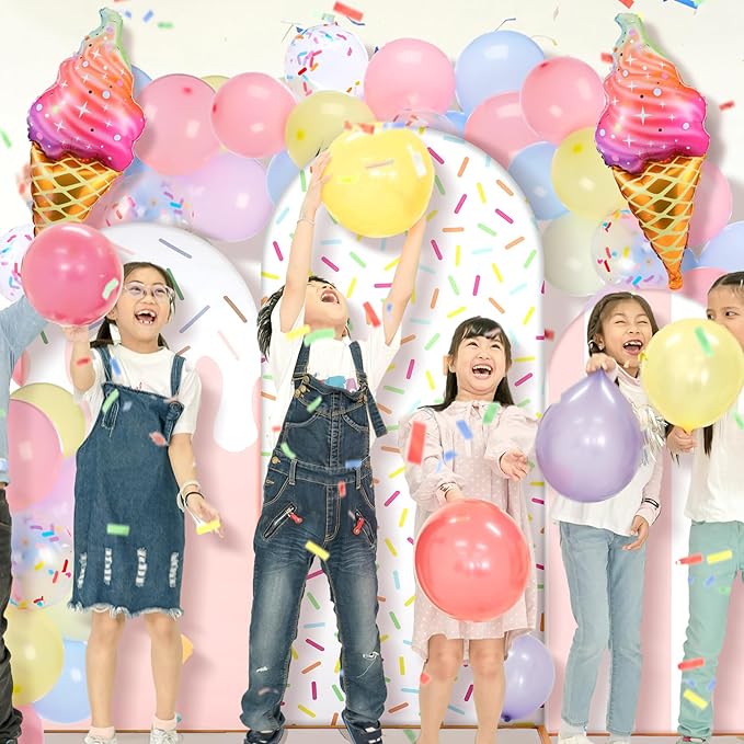 34 Pcs Sweet One Birthday Decorations Pastel Donut Ice Cream Balloon Arch Backdrop Covers Pastel Spandex Arch Backdrop Cover with Ice Cream Foil Donut Balloons for Sweet Birthday Party