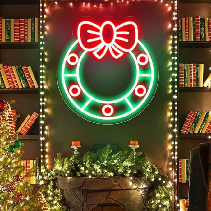 Merry Christmas Wreath Front Door Neon Sign, Home Shop Christmas Party Wall Décor Size:19 x18 inches