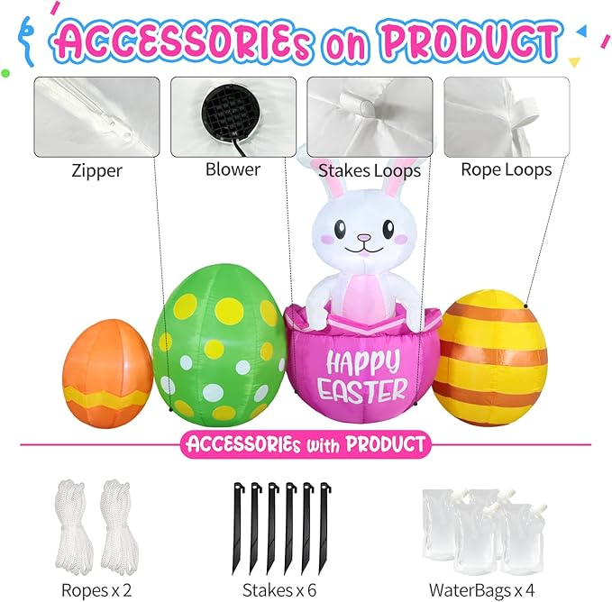 7FT Long Easter Inflatable Bunny Outdoor Decorations with Eggs, Build-in LED Lights Holiday Blow Up Yard Decoration, for Easter Holiday Party, Outdoor,Garden, Yard Lawn Décor