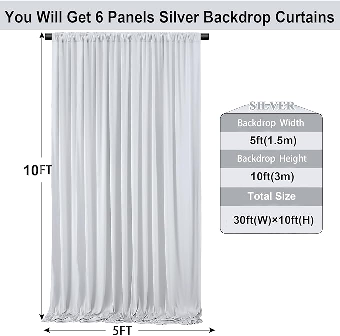 30ft×10ft Silver Grey Wrinkle Free Backdrop Curtains for Parties, 6 Panels 5×10ft Thick&Silky Polyester Silver Photo Backdrop Drapes Curtain for Birthday Baptism Baby Shower Photography Home