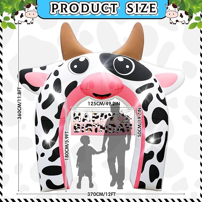 12FT Inflatable Cow Arch Outdoor Decorations Giant Cow Inflatables with Built-in 5 LED Lights Farm Animals Blow Up Garden Yard Lawn Decor for Baby Shower Cow Easter Valentines Day Birthday Party