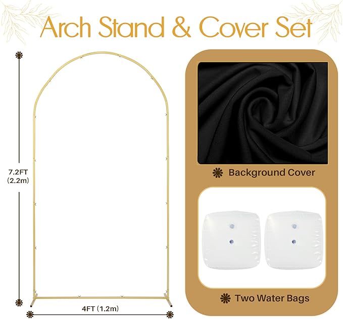 7.2 FT Wedding Arch Backdrop Stand and Cover Set | Metal Backdrop Arch Stand, Balloon Stand, Water Bags | Party, Bridal Show, Birthday, Baby Shower Decorations (Black Cover)