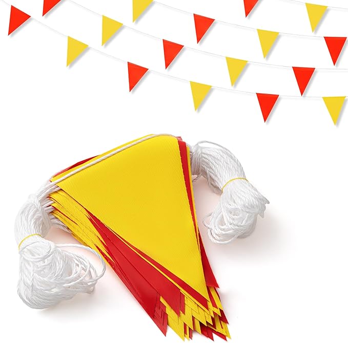 Preboun 197FT Pennant Banner Flags High Visibility Safety Marking Flags Traffic Resistant Warning Signs Rooftop Flagging for Roadwork, Hazard Areas, Construction Sites(9 x 12 Inch,Red and Yellow)