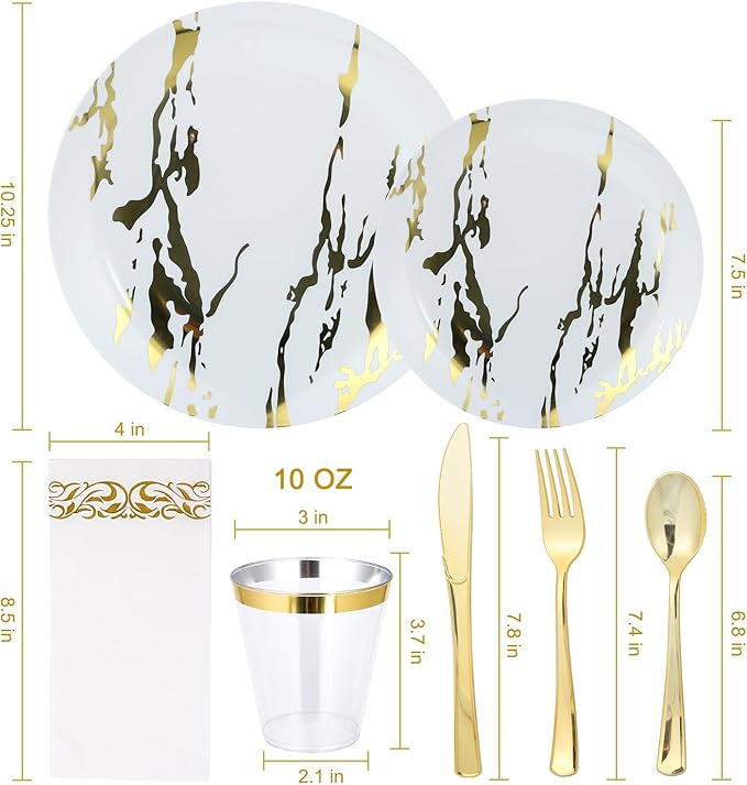 175pcs Gold Plastic Dinnerware Set – Elegant Disposable Plates, Cups, Utensils & Napkins for Wedding, Party, Birthday, Graduation