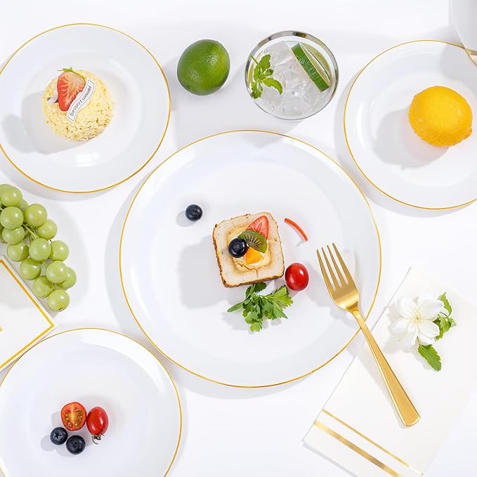 Festiva 350Pcs Gold Plastic Plates - White and Gold Dinnerware Set Disposable include 10" & 7" Plates,Cups,Silverware,Napkins -serve 50 Guests Perfect for Wedding& Easter&Birthday Party