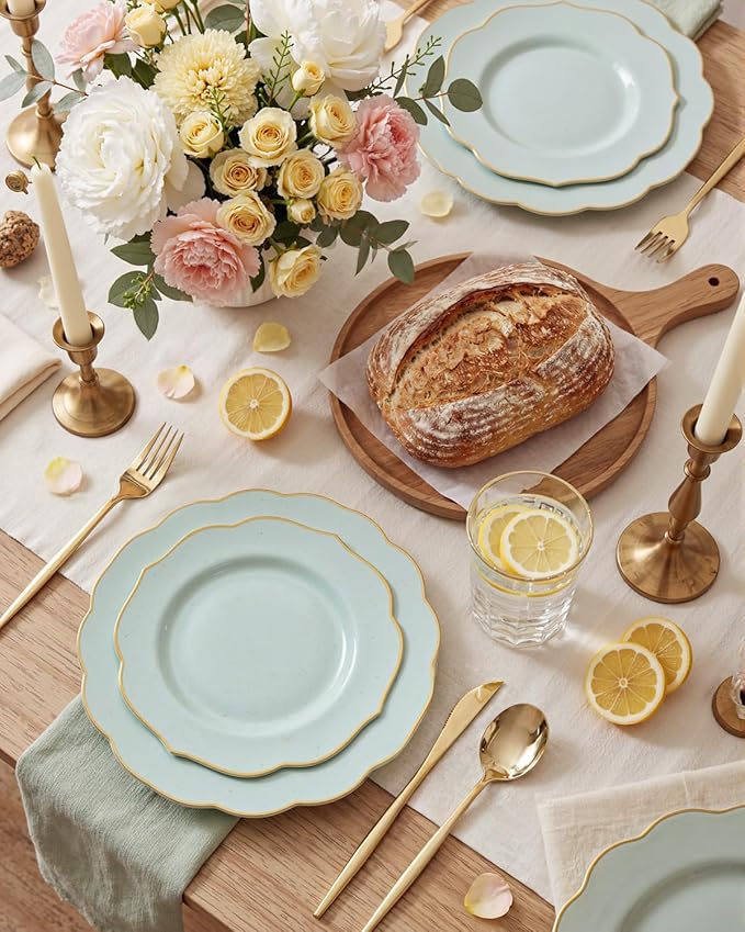 bUCLA 180PCS Green Plastic Plates - Disposable Sage Green with Gold Rim - Include 30 (Dinner & Dessert) Plates, 30 Knives, 30 Forks, 30 Spoons and 30 Cups for Party & Spring