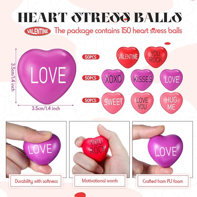 150pcs Heart Stress Balls Bulk 1.5 Inch Valentine‘s Day Gift Toys Foam Motivational Stress Balls for Fidget Anxiety Relief Adults Party Favor Wedding Carnival