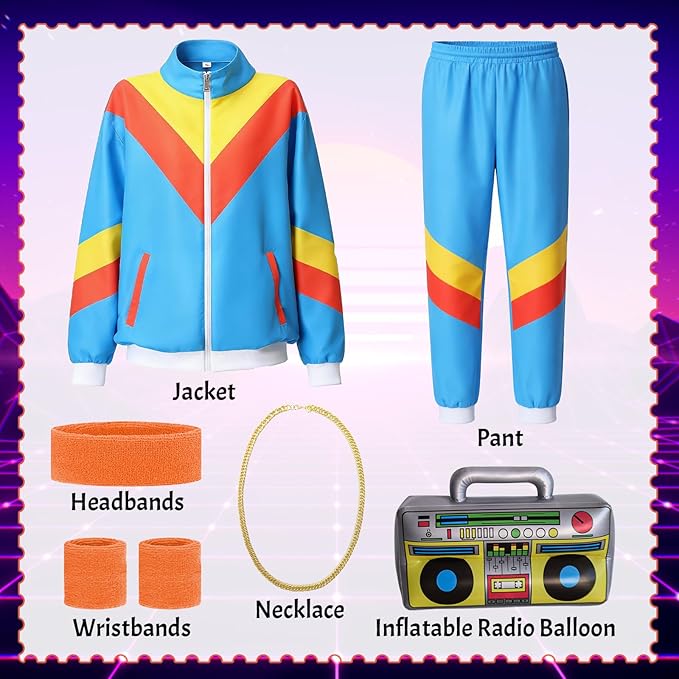 80s Tracksuit for Men Women 90s Retro Windbreaker Outfit 80s Costume for Couples 80s Track Suit for Adult