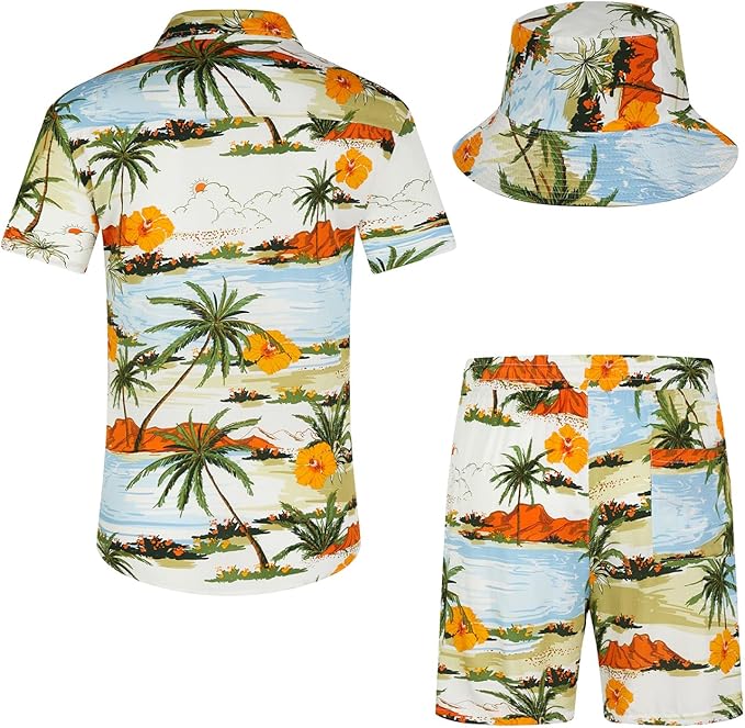 EISHOPEER Men's Flower Hawaiian Sets Casual Short Sleeve Shirt and Shorts Suits Outfits with Bucket Hats