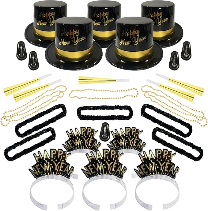 PMU New Year's Eve Party Supplies New Year's Eve Decorations Supplies, 2026 Gold Legend Illusion Party Kit Assortment for 10 Persons - Outfits for Adults, Men and Women (10/psn) Pkg/1