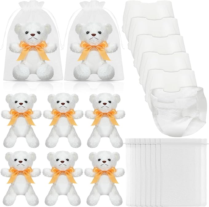 6 Sets Bear Blindfolded Diaper Changing Baby Shower Games Baby Dolls Diapers for Bridal Shower Gender Reveal Games Prizes Gifts for Adults Boys Girls (White)