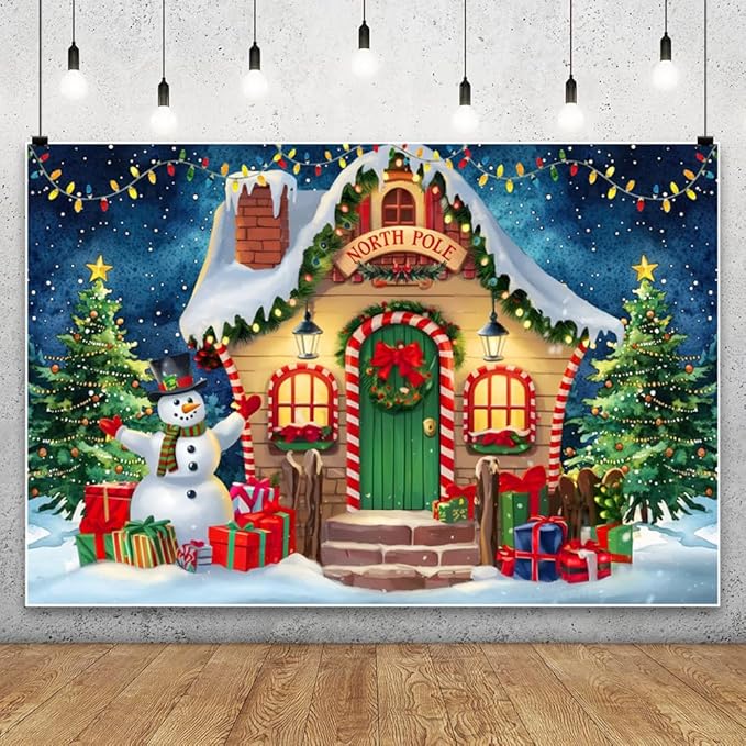YongFoto Merry Christmas Backdrop 20x10ft North Pole Night Sky Pine Forest House Snowman Xmas Tree Photography Background 2026 New Year Winter Holiday Party Banner Photoshoot Wallpaper Photo Booth