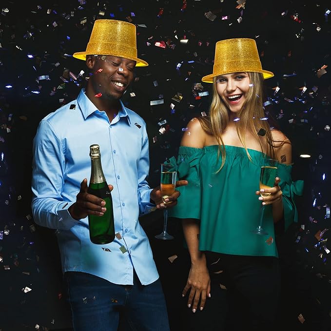 Hillban 50 Pack Glitter Top Hats Bulk Happy New Year Shiny Magician Top Hat for Adults Party